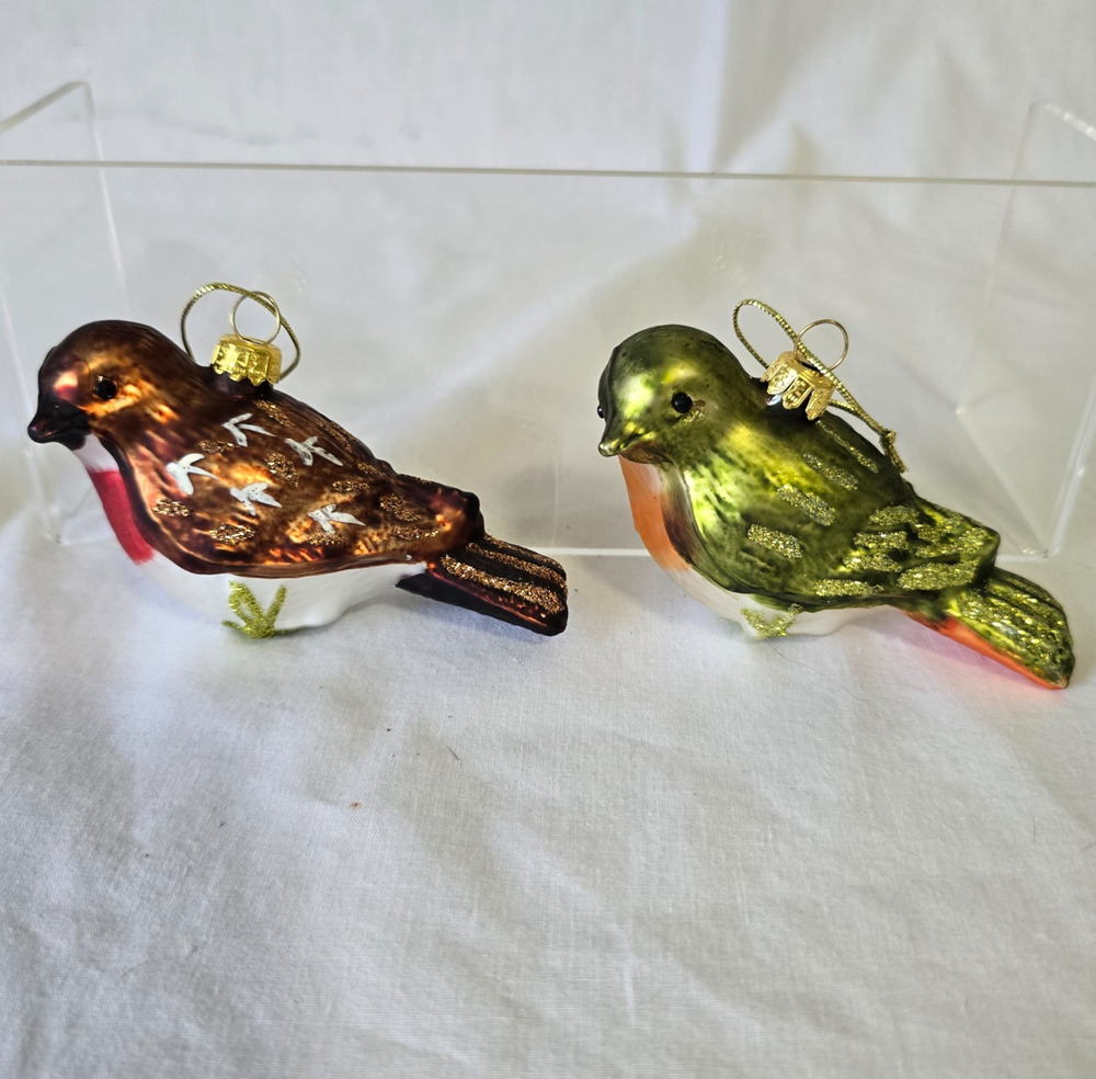 Vintage Glass Bird Ornaments Brown and White / Green & White